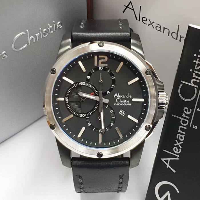 JAM TANGAN PRIA ALEXANDRE CHRISTIE AC 6486 / AC6486 BLACK RING WHITE LEATHER BLACK ORIGINAL