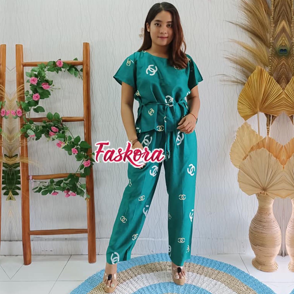 Piyama Rayon Jumbo Lengan Pendek One Set Wanita Kekinian Remaja Pajamas Polos Kombinasi Auristela-DC Hijau