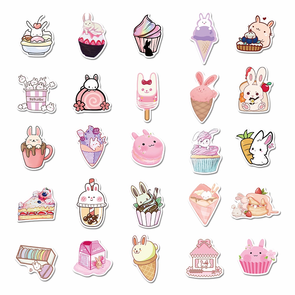 50pcs cute dessert bunny cartoon stickers cute hand account stickers laptop water cup decoration waterproof stickers