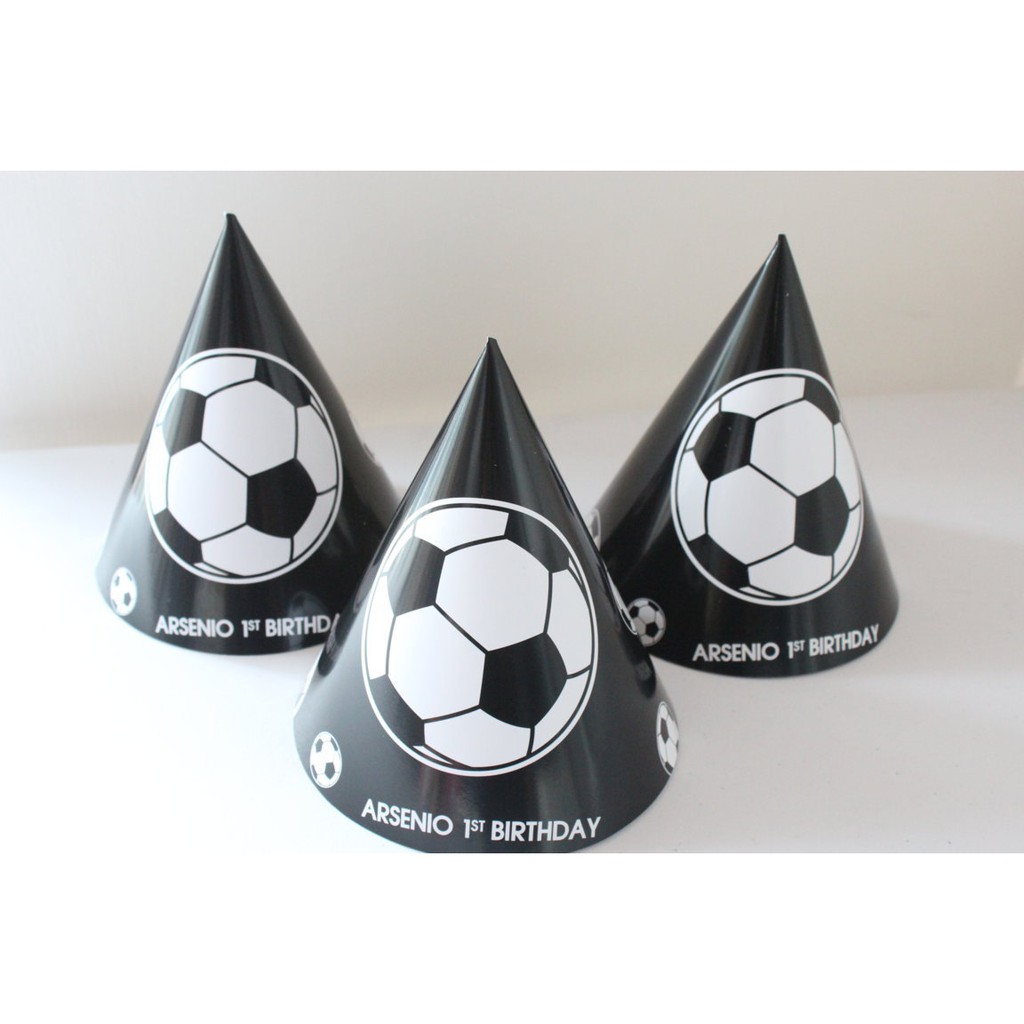 topi ulang tahun bola / topi ultah bola / topi kerucut bola custom nama