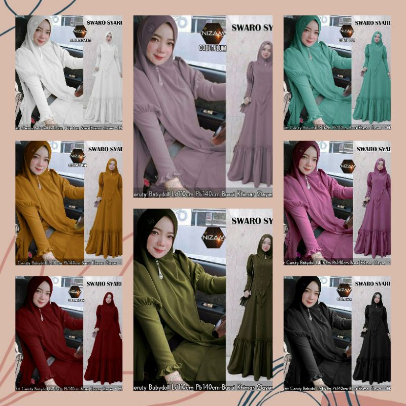 swaro syari by nizam/gamis set khimar polos/gamis syari simpel murah/syari ceruty