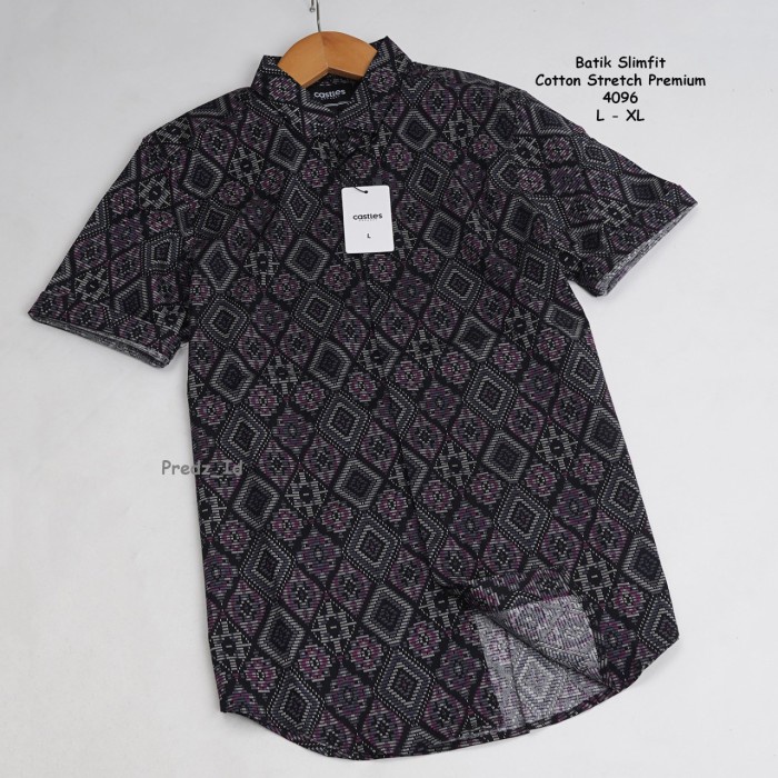 TERMURAH- Kemeja Batik Pria Slimfit Lengan pendek Cotton Stretch M L XL 6482 - Ungu, XXXL