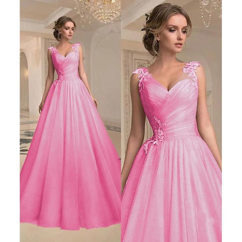 Gaun pesta V-neck pink blue sky&salem party dress