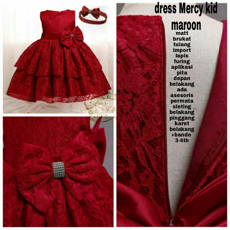 PAKAIAN ANAK DRESS MERCY KID BRUKAT FREE BANDO USIA 3-4 TAHUN FEHM