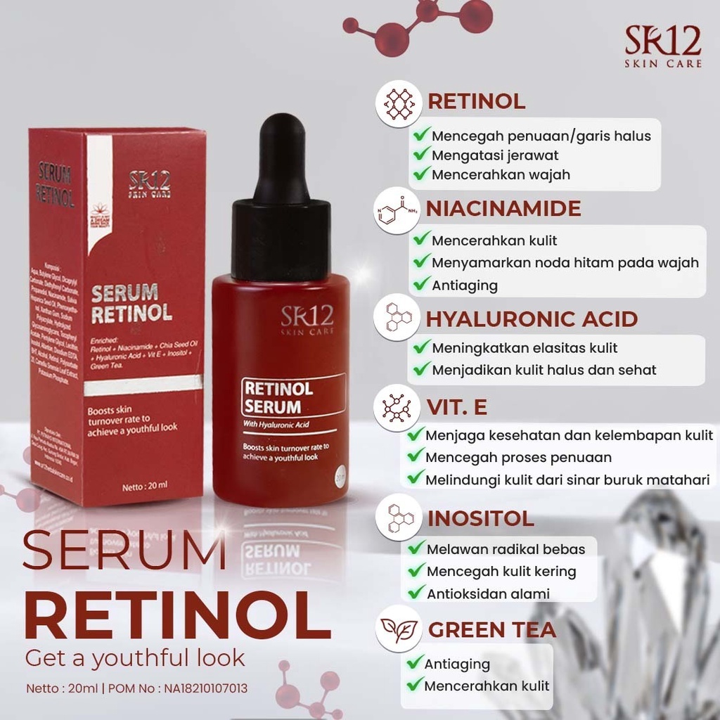 SERUM RETINOL SR12 / SERUM GLOWING BPOM / RETINOL 0,1% ISI 20 ML / MENGATASI JERAWAT / MENCERAHKAN KULIT WAJAH / ANTI AGING / MENCEGANG PENUAAN DINI