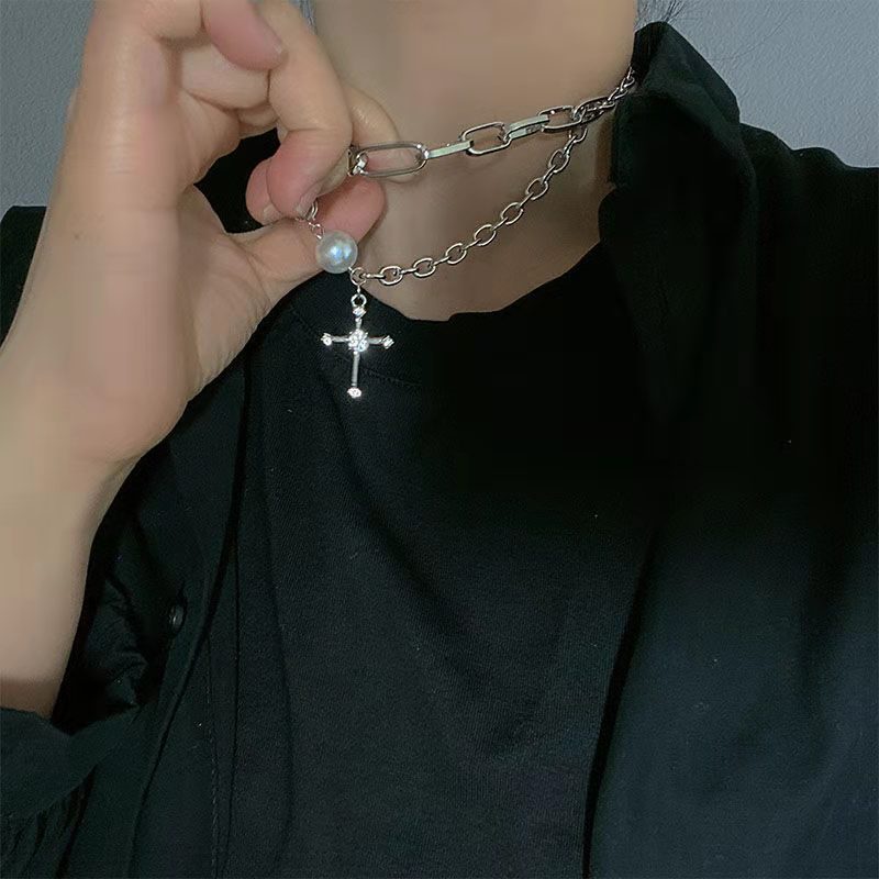 Korean Punk Double Necklace Fashion Hip-hop Pearl Cross Pendant Unisex