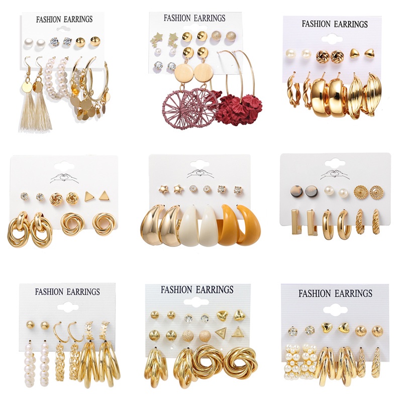 34pcs / Set Anting Stud Rumbai Desain Kupu-Kupu Aksen Mutiara Warna Emas Gaya Retro Untuk Wanita