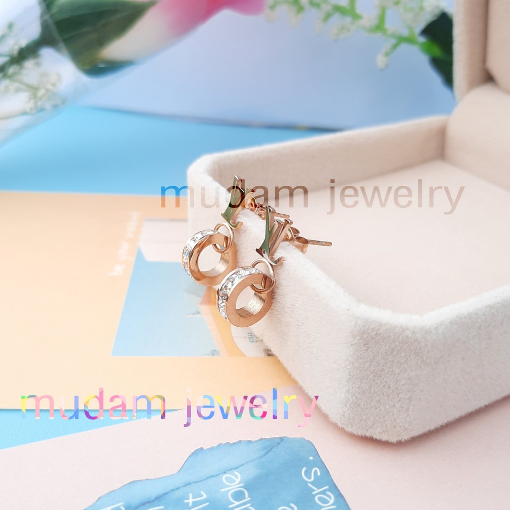 Anting Tusuk Titanium L* Ring Kristal Artifisial Warna Rose Gold