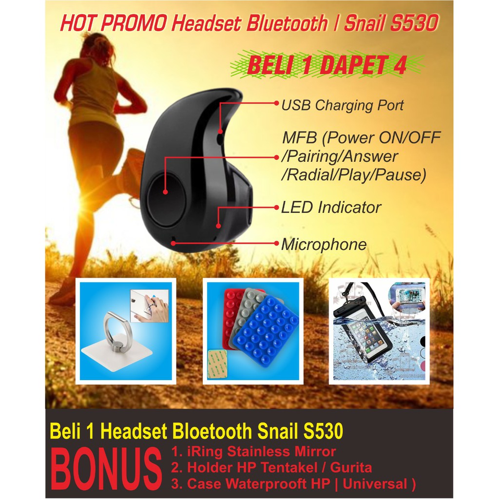 99 HEADSET BLUETOOTH I SNAIL S530 BONUS 1 Iring Mirror, 1 Holder Tentakel/ Gurita, 1 Case Wateproof