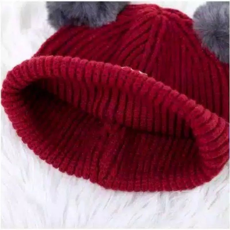 Topi Rajut Pompom Bulu Anak Topi Kupluk Wool Rajut Hangat Bayi Anak Unisex