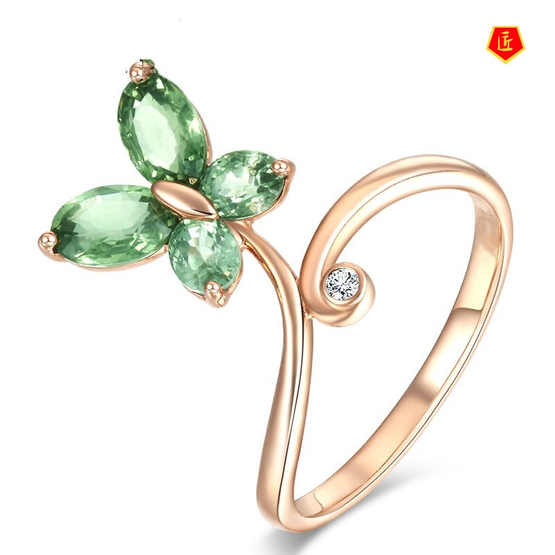 [Ready Stock]Rose Gold Green Crystal Butterfly Ring Simple Elegant Temperament