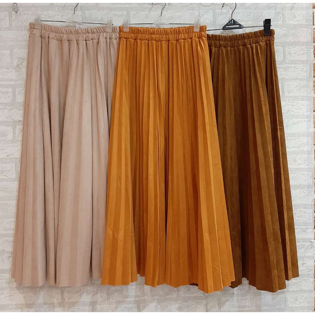 ROK PLISKET MURAH PRISKET PLEATED SALE POLOS REMPEL MUSLIMAH SKIRT ABG FLARE SKIRT MAYUNG FLOWY-CARAMEL