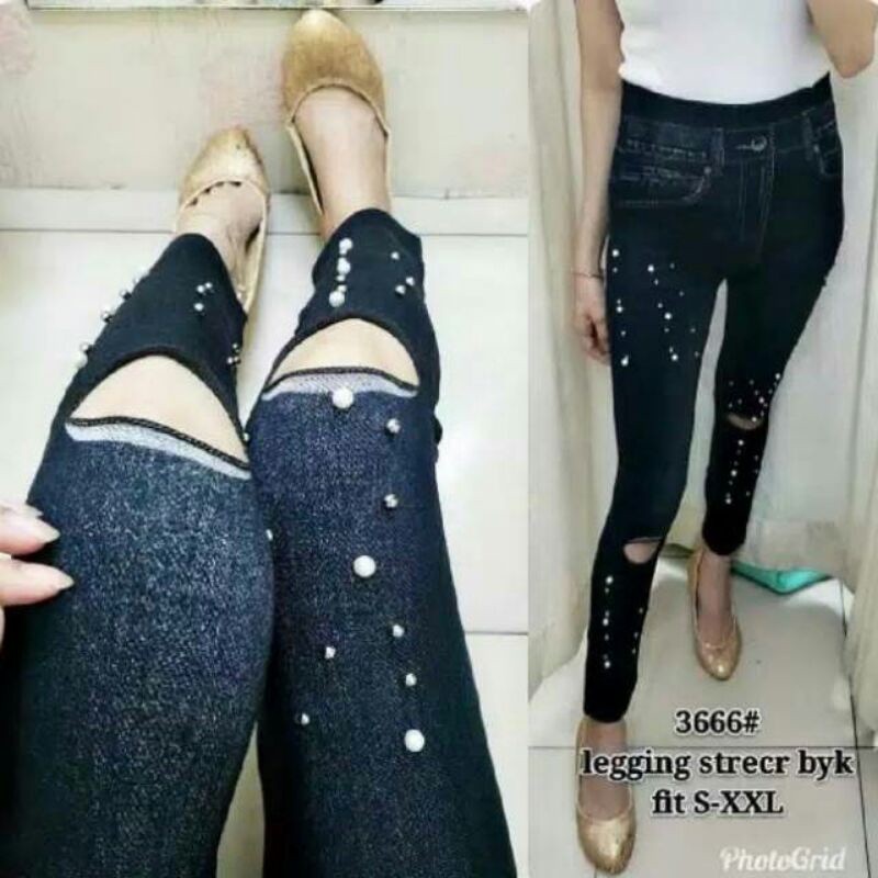 Legging panjang wanita/legging jeans sobek mutiara /legging wanita
