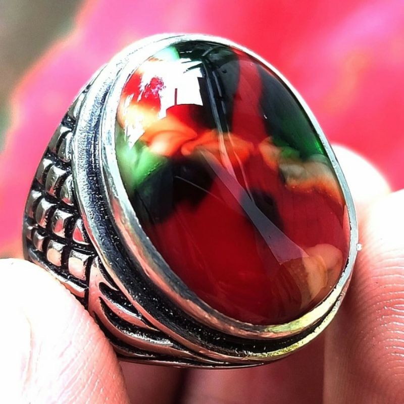 Cincin Tanam Pria Batu Akik Pancawarna Ceko Full Color Ring Germanium - 7
