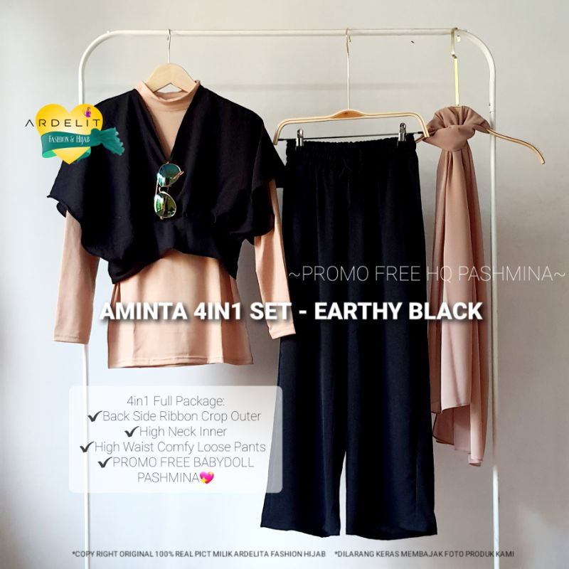PROMO GRATIS JILBAB - AMINTA 4IN1 SET SETELAN WANITA TERBARU OOTD HIJAB SELEGRAM KEKINIAN TERKEREN TERBAIK BAJU WANITA MURAH BAGUS PREMIUM UNTUK LEBARAN 2022 SETCEL MEWAH NYAMAN DIPAKAI-AMINTA- EARTHY BLACK
