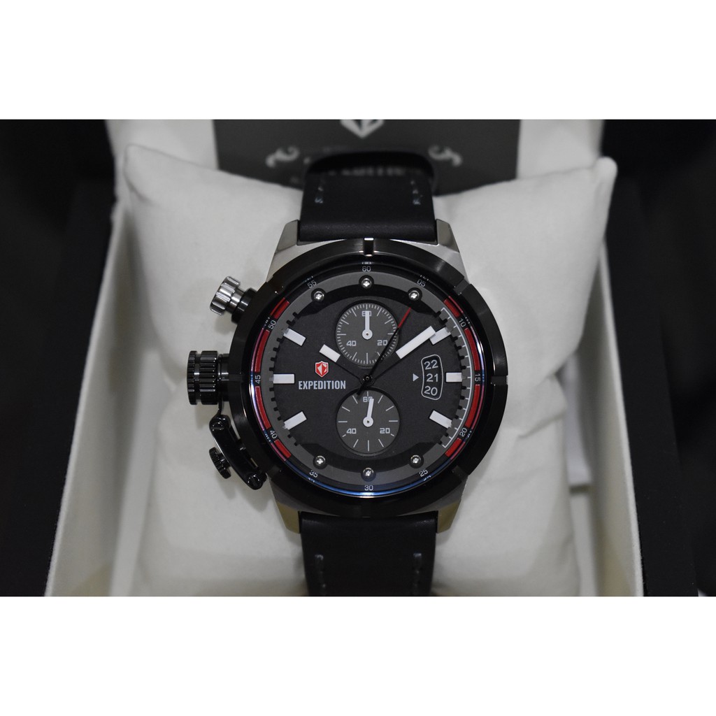 Jam Tangan Expedition Cowok Pria E 6765 MCL E6765 Silver Red Black Leather Original