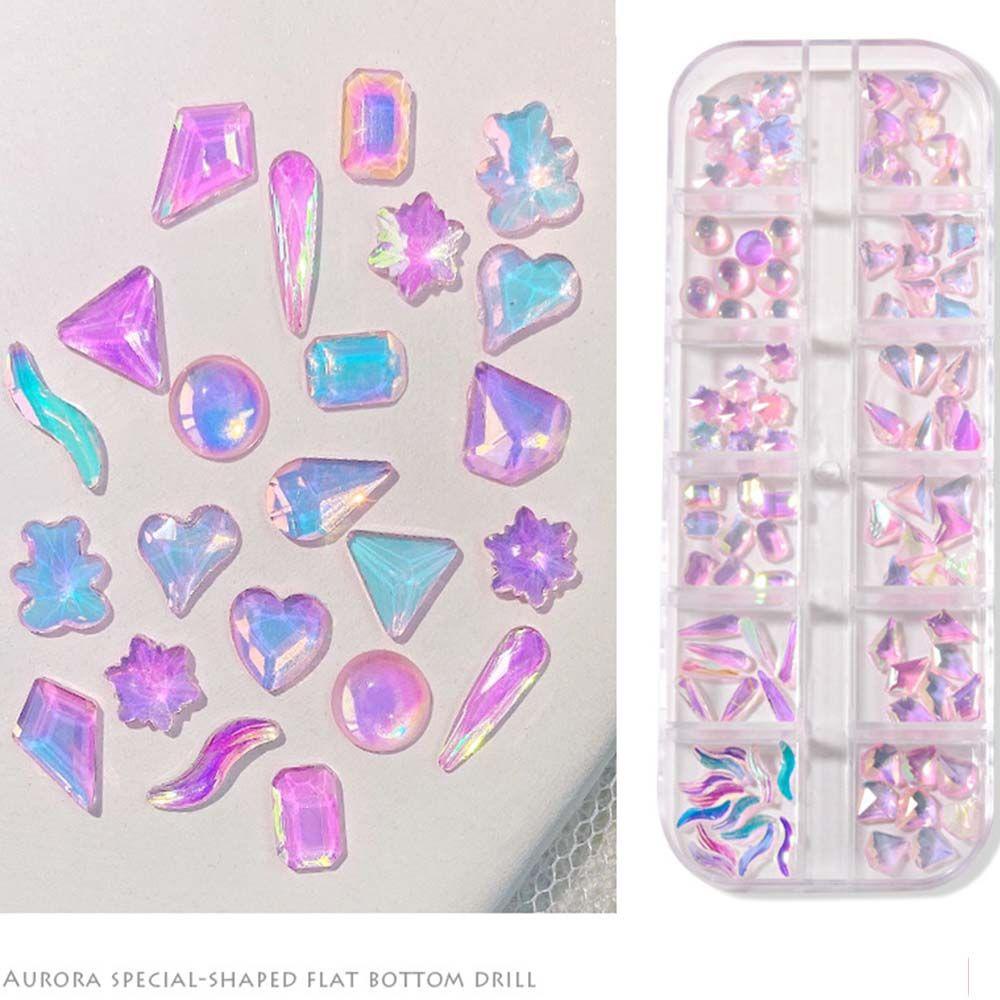 Mxbeauty Perhiasan Kuku Kristal 12kisi Fashion Hati Gaya Jepang Bulat Bentuk Tidak Teratur Aurora Aksesoris Kuku