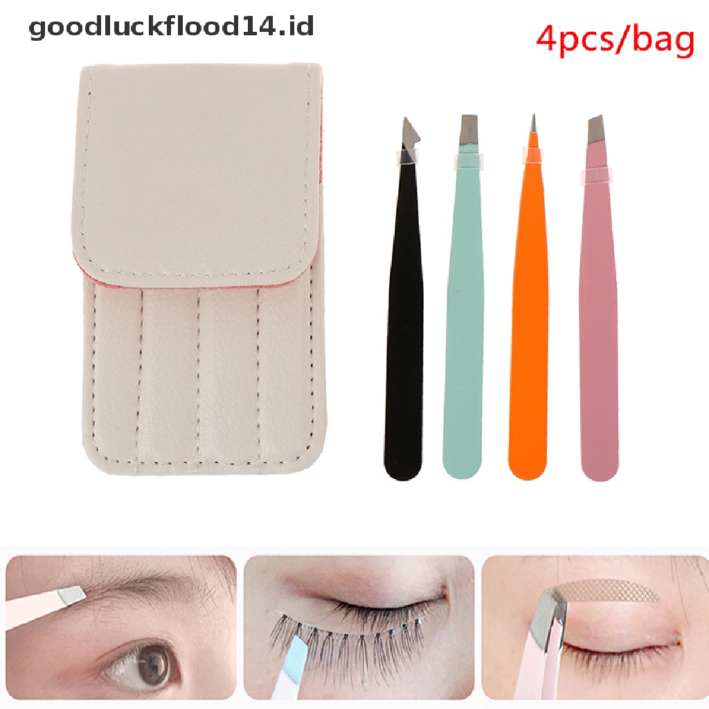 [OOID] 4Pcs/bag Eyebrow Tweezers Stainless Steel Point Slant Flat Tip Removal Makeup ID