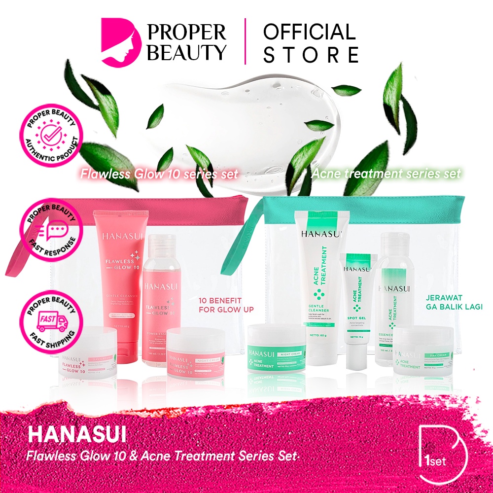 HANASUI Flawless Glow 10 &amp; Acne Treatment Series Set Indonesia / Gentle Cleanser Power Essence Day Night Cream spot Gel / Brightening Jerawat / Skincare Make Up / Toner Serum Eye Mask Sunscreen / Body Spa Lip Cream Tint Pelembab / Paket Lengkap Wajah Face