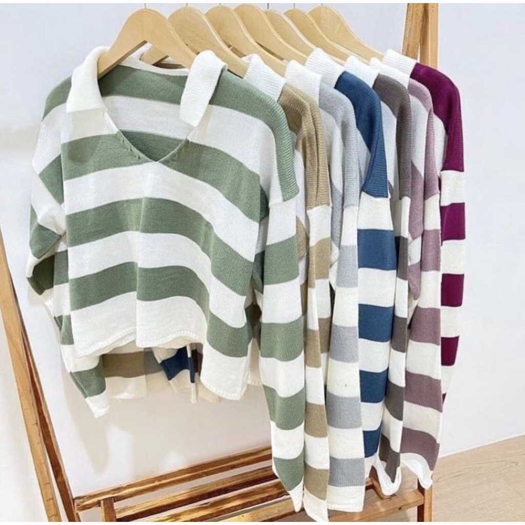 Hyerin Polo Stripes Sweater - Top Crop Bahan Rajut Knit - Atasan Rajut Wanita (011)