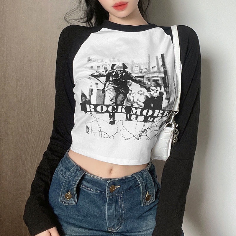 Suhao American Top Rapcopter American Print T-Shirt Wanita Lengan Panjang Raglan Lengan Ramping Atas