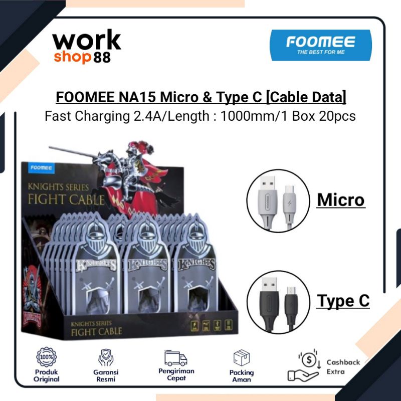 Baru Kabel Data FOOMEE NA15 (Micro & Type C) Fast Charging 2.4A 100Cm - New Original Garansi Resmi -