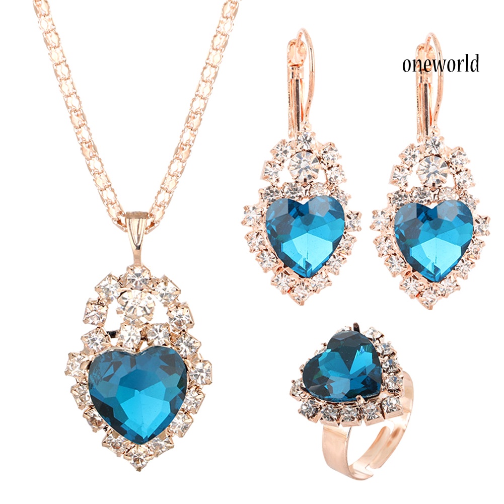 OW@ Wedding Heart Pendant Rhinestone Inlay Necklace Earrings Ring Bridal Jewelry Set