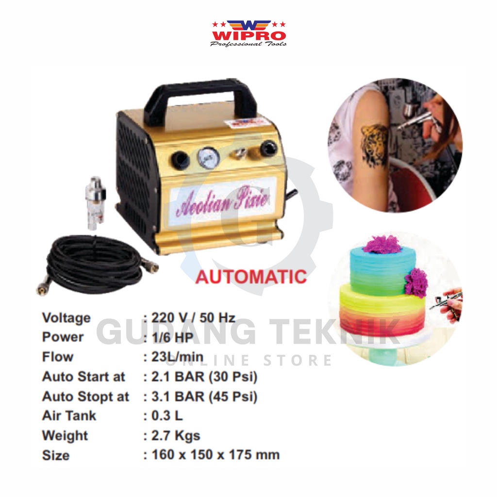 Kompresor Angin Mini AUTOMATIC Tanpa Oli 1/6 HP 0.3 L WIPRO 1-KD-A / Mini Air Compressor Otomatis 1/6 HP 0.3 Liter WIPRO 1KDA - WIPRO 1 KD A