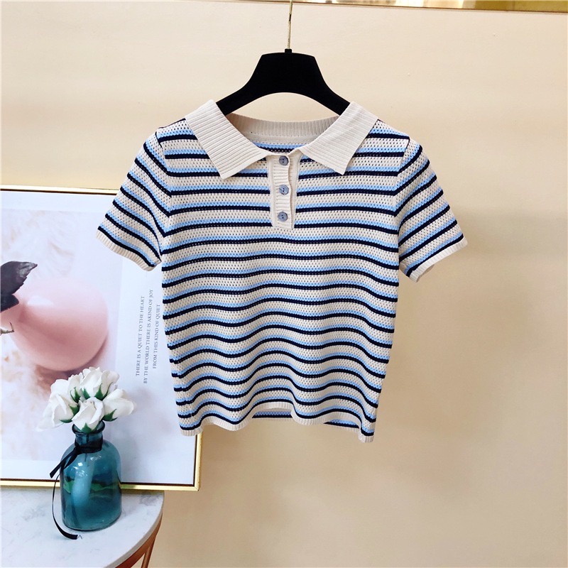 WENDY atasan polo korea rajut garis striped retro casual