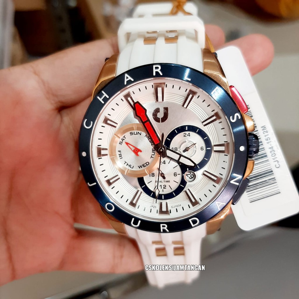 JAM TANGAN PRIA CHARLES JOURDAN CJ1034-1512M ROSEGOLD WHITE RUBBER ORIGINAL