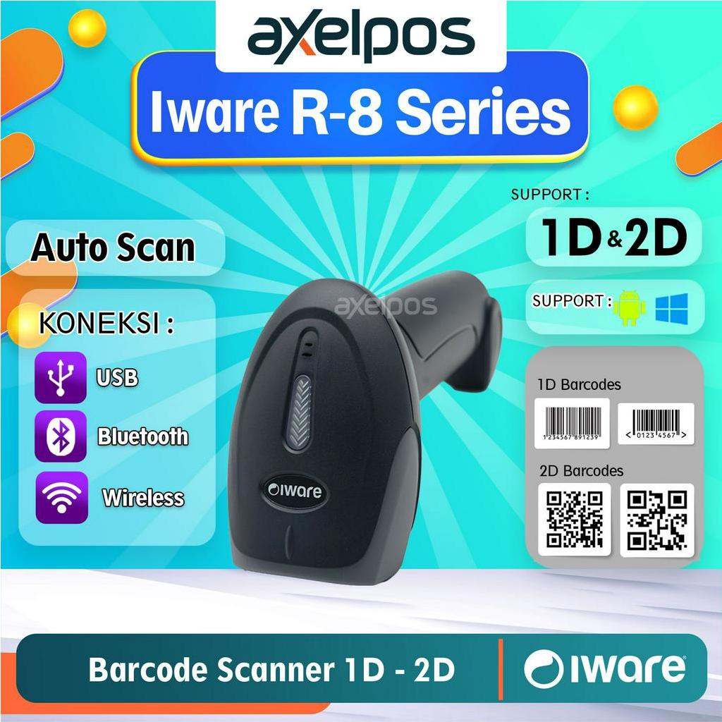 Barcode Scanner Usb Bluetooth Wireless 1D/2D Auto Scan Iware R8 Series