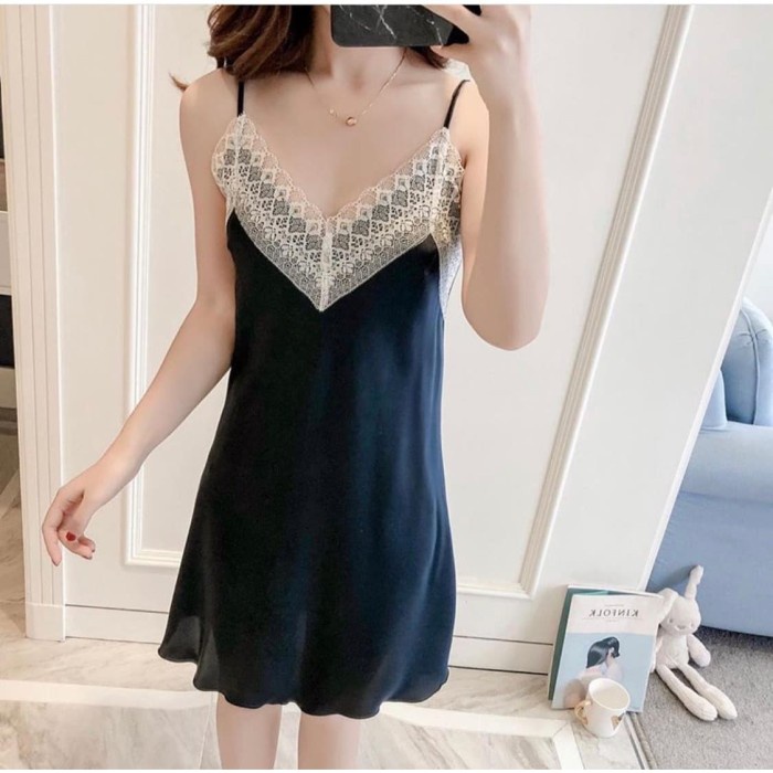 Baju Tidur - Piyama Wanita Tanpa Lengan Lingerie Silk Satin Raia Silk Lace Dress