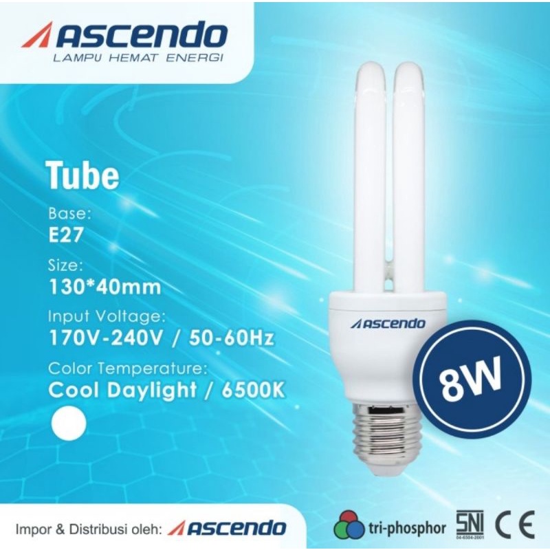 Ascendo Lampu CFL Tube 8 Watt 6500K Warna Putih E27 8Watt