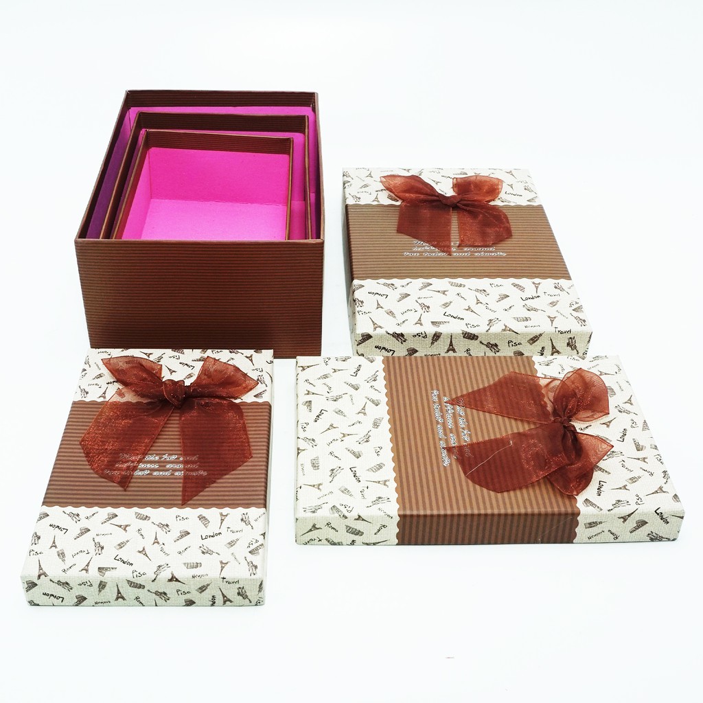 Kotak Hadiah 3 in 1 Kotak Kado Packaging Gift Box Pita Biru Cokelat