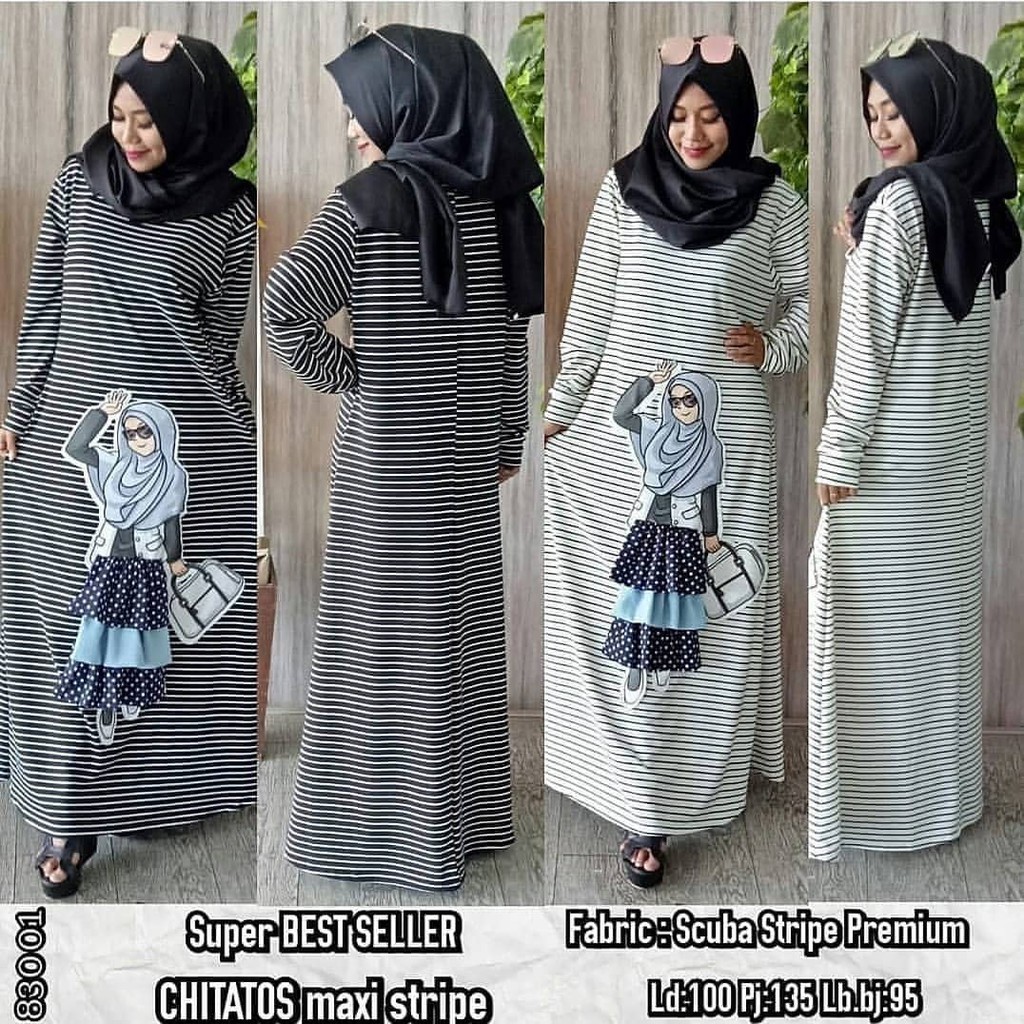 PROMO TERLARIS Gamis Salur Gambar Kartun Maxy Dress Stripe Garis Belang Busana Muslim Chitatos Murah
