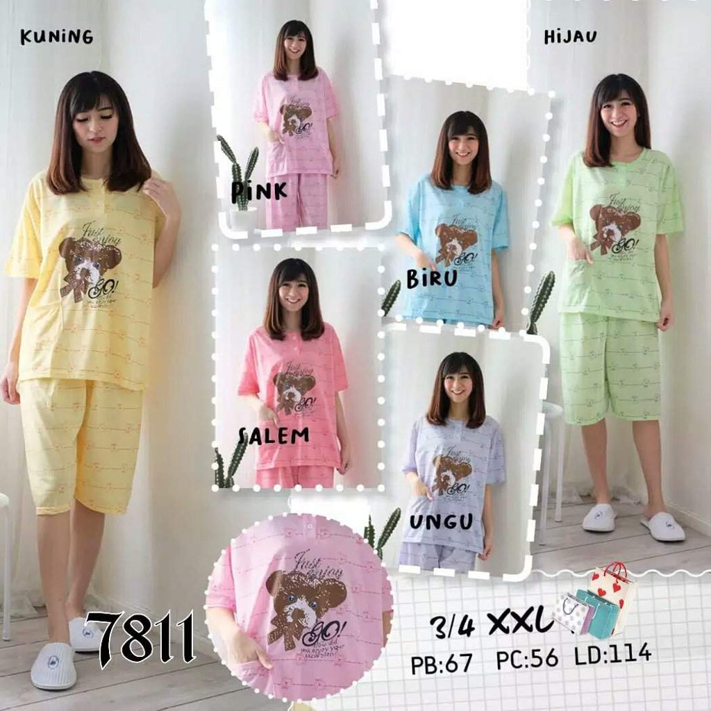 Baju Tidur Piyama Babydoll Celana Pendek 3/4 Bahan Kaos Jumbo