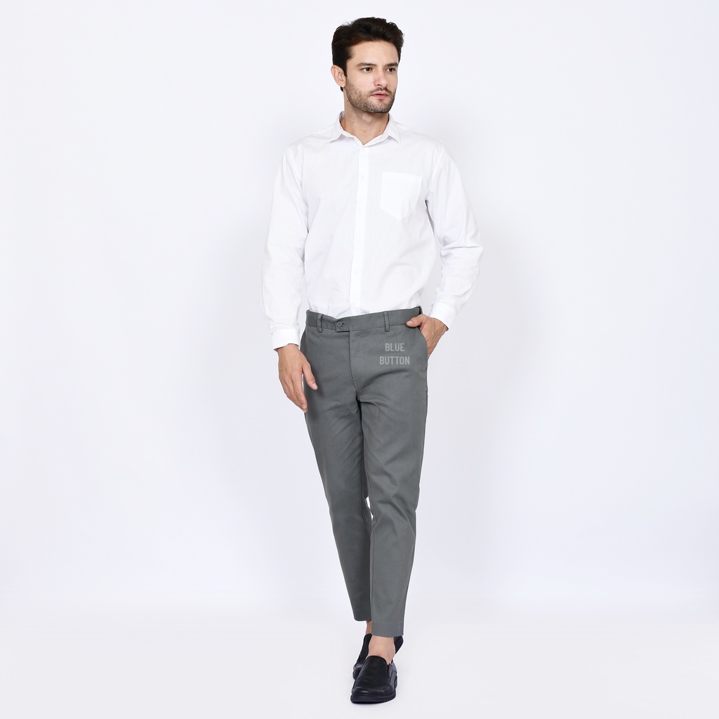 BlueButton Smart Chino Ankle Pants Slim Fit Stretch Magic Waist - Celana Panjang Pria Kerja Formal Kantor Light Grey