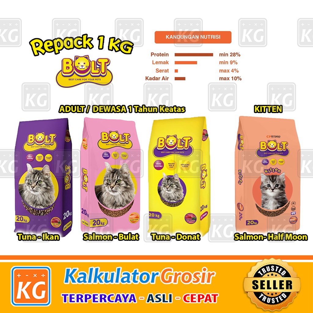 Makanan Kucing Bolt - Catfood Bolt Repack 1 Kg Rasa Tuna / Salmon Bentuk Ikan / Donat 1KG Kering