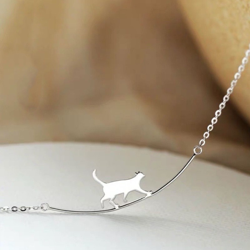 Kalung Choker Liontin Kucing Kecil Warna Silver Gaya Korea Untuk Wanita