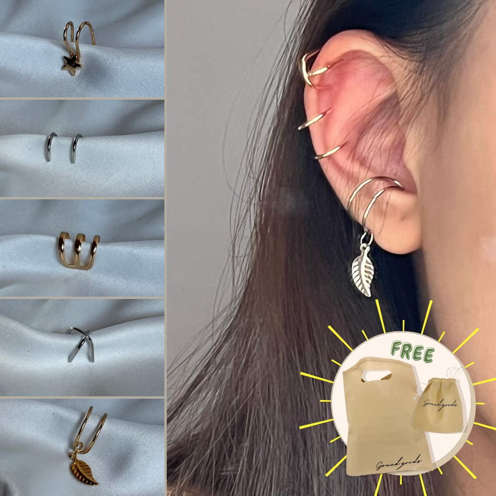 Star Leaf Clip Earring - Anting Cuff / Earcuff / Anting Jepit Tanpa Tindik / Anting Klip / Anting Daun / Anting Bintang