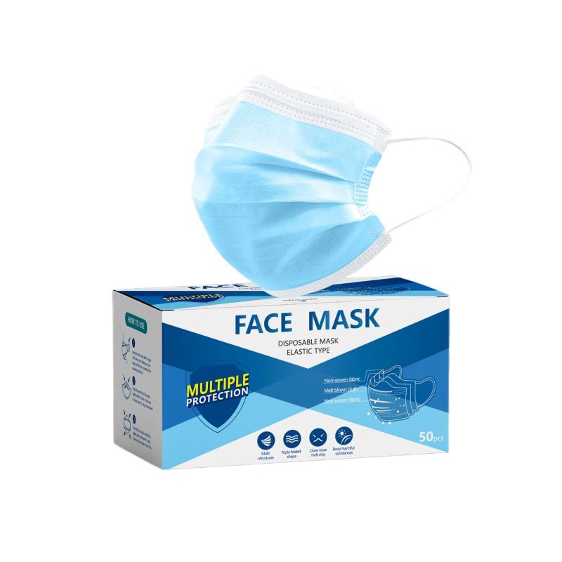 MASKER EARLOOP  3 PLY DISPOSABLE WARNA BIRU ISI ± 50 PCS PER BOX MURAH BANJARMASIN