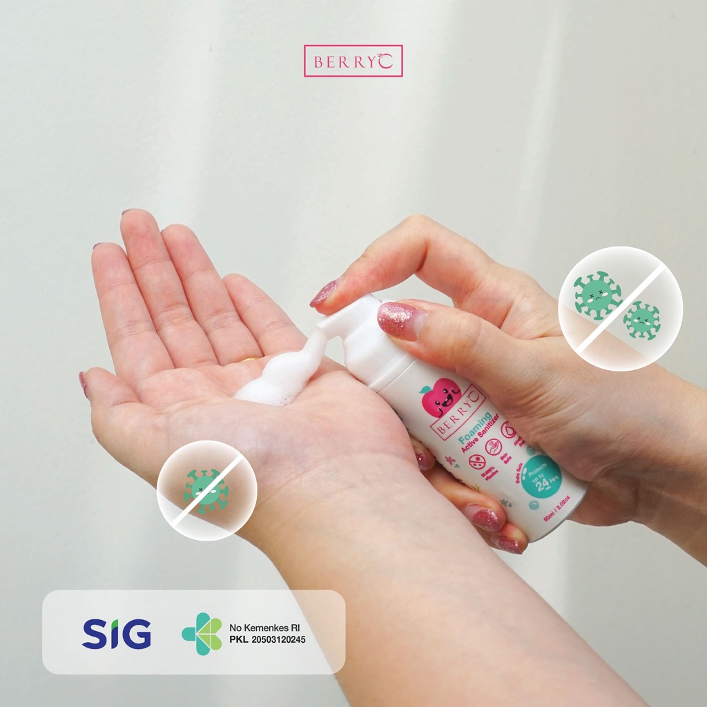 BerryC Active Sanitizer Foam 60ml Natural Food Grade Hand Antiseptik Non Alcohol Alkohol Aman untuk Bayi Lembut Sensitif Kulit Rinseless Soap Sabun Tanpa Bilas Travel Size Mudah Favorit Anak Efektif COVID19 HFMD Flu SIngapore Singapura Impor Perlindungan