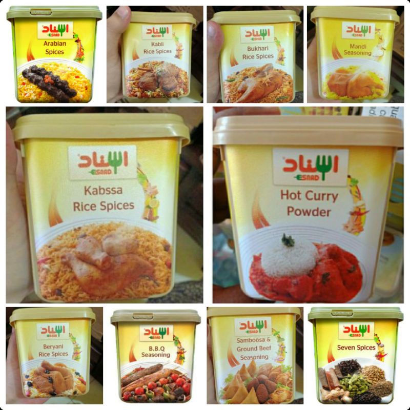 

Esnad Bumbu Masakan Arab Merk Esnad Rasa Beryani / Kabli / Kabssa / Bukhari / BBQ / Arabian Spices / Mild Hot Curry / Sambossa