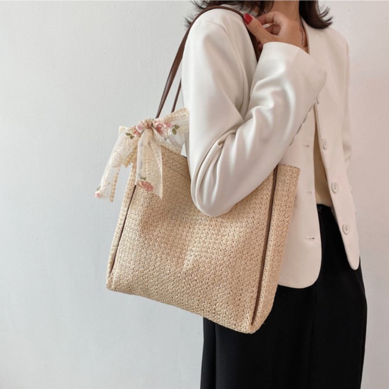 Tas Anyam Pita Lace TW217 Rajut Jerami Etnik Unik Women Straw Shoulder Bag