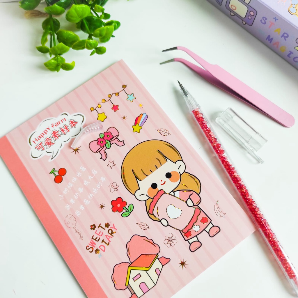 PAKET STICKER HAPPY FARM ADA PISAU PEMOTONG DAN PINSET (3 IN 1)  KODE SZ-57 DAPAT STICKER 12 LEMBAR DAN CUTTER UNIK ALAT JURNALING LUCU IMUT KARAKTER GAMBAR