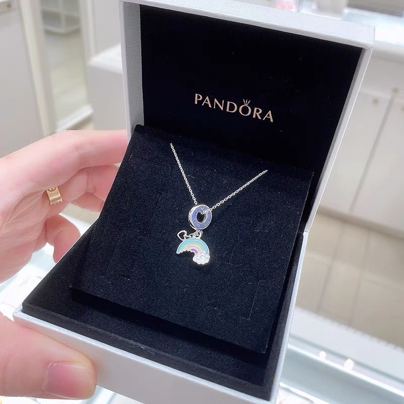 Pandora Kalung 925 Silver Dengan Liontin Bentuk Hati Warna Pelangi Untuk Wanita