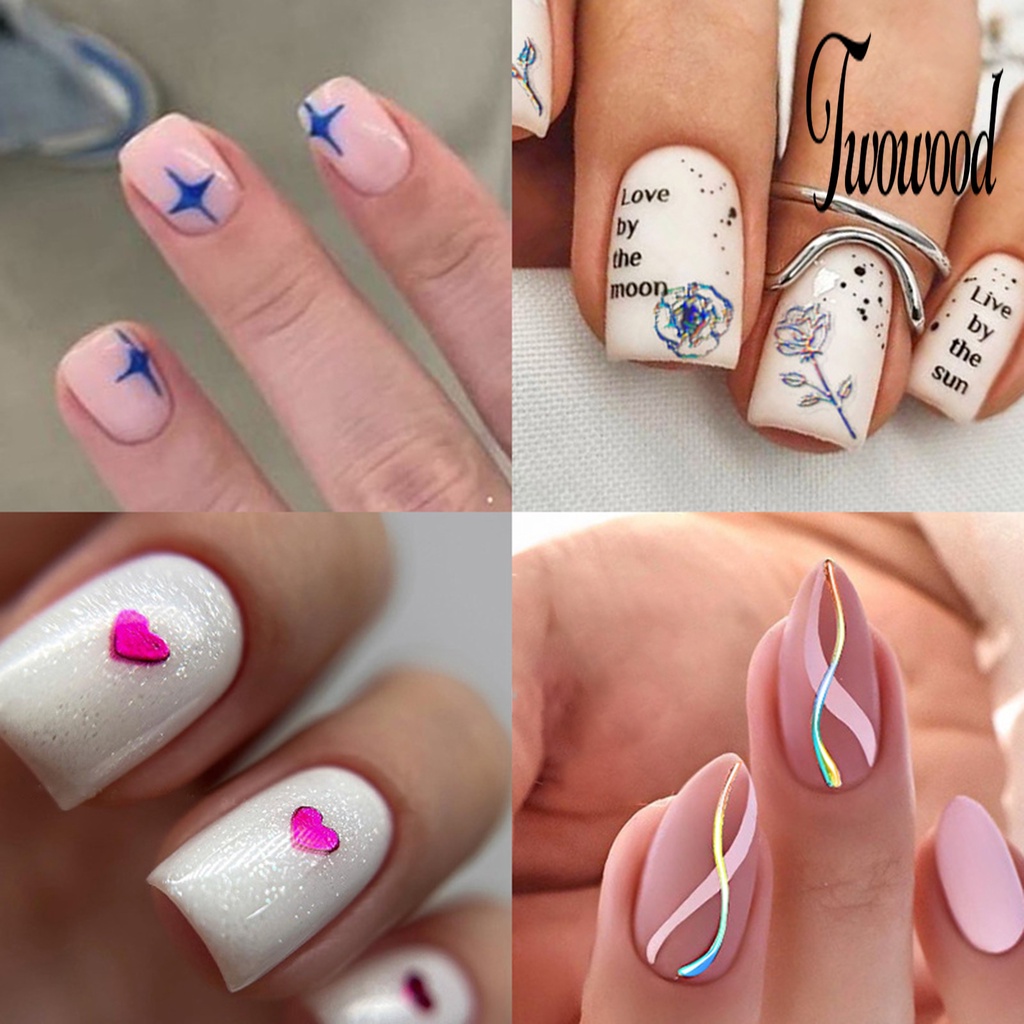 Twowood Stiker Kuku Tahan Air Motif Bunga / Kupu-Kupu / Hati Untuk Nail Art DIY