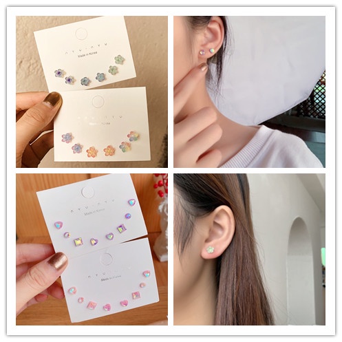 3 Pasang / 4 Pasang / set Anting stud Bentuk Bunga Warna-Warni Bahan Akrilik Gaya Retro korea Untuk Wanita