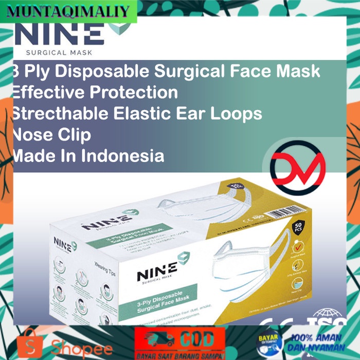 [TERBARU] Nine Masker Surgical Face Mask 3 Ply model Tali Lebar isi 50pcs - Putih