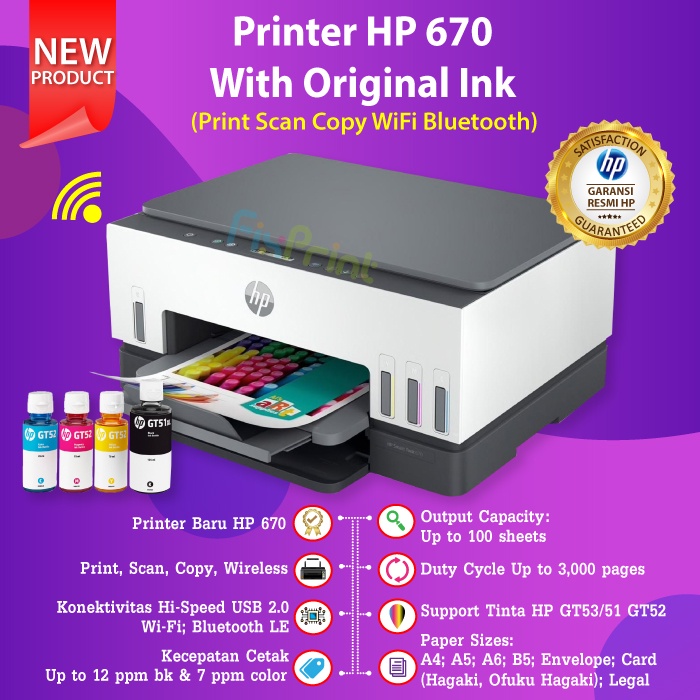 Printer HP Smart Tank 670 All in One Print Scan Copy WiFi Bluetooth